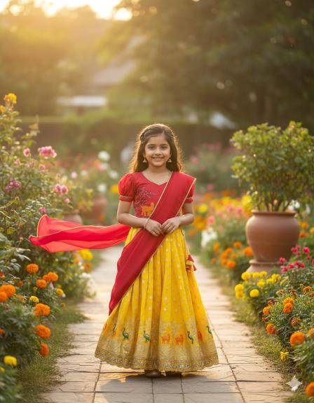 Beautiful Deer Duck Maggam Chinnon Silk Yellow Kids fashion market in Mumbai